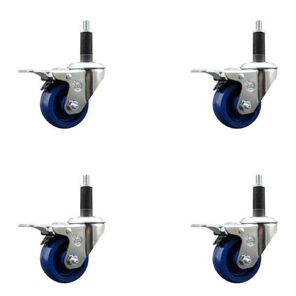 3'' Solid Poly Swivel 1'' Expanding Stem Caster Set Total Lock Brake, 4PK